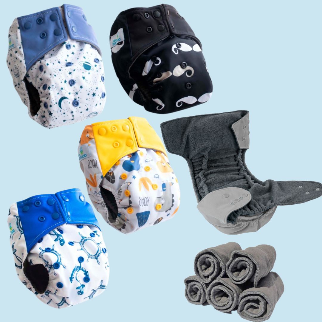5 pañales ecológicos doble riel de bambú 4-16 kgs estampados+ 5 insertos de bambú charcoal