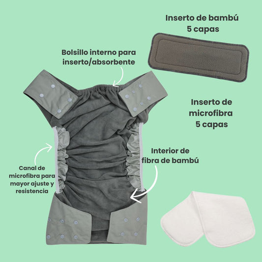 2 Pañales Ecológicos Para Adulto de Bambú + 4 Insertos (Reutilizables)